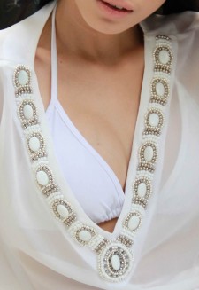 Short beachwear Kaftan stunning of white stones